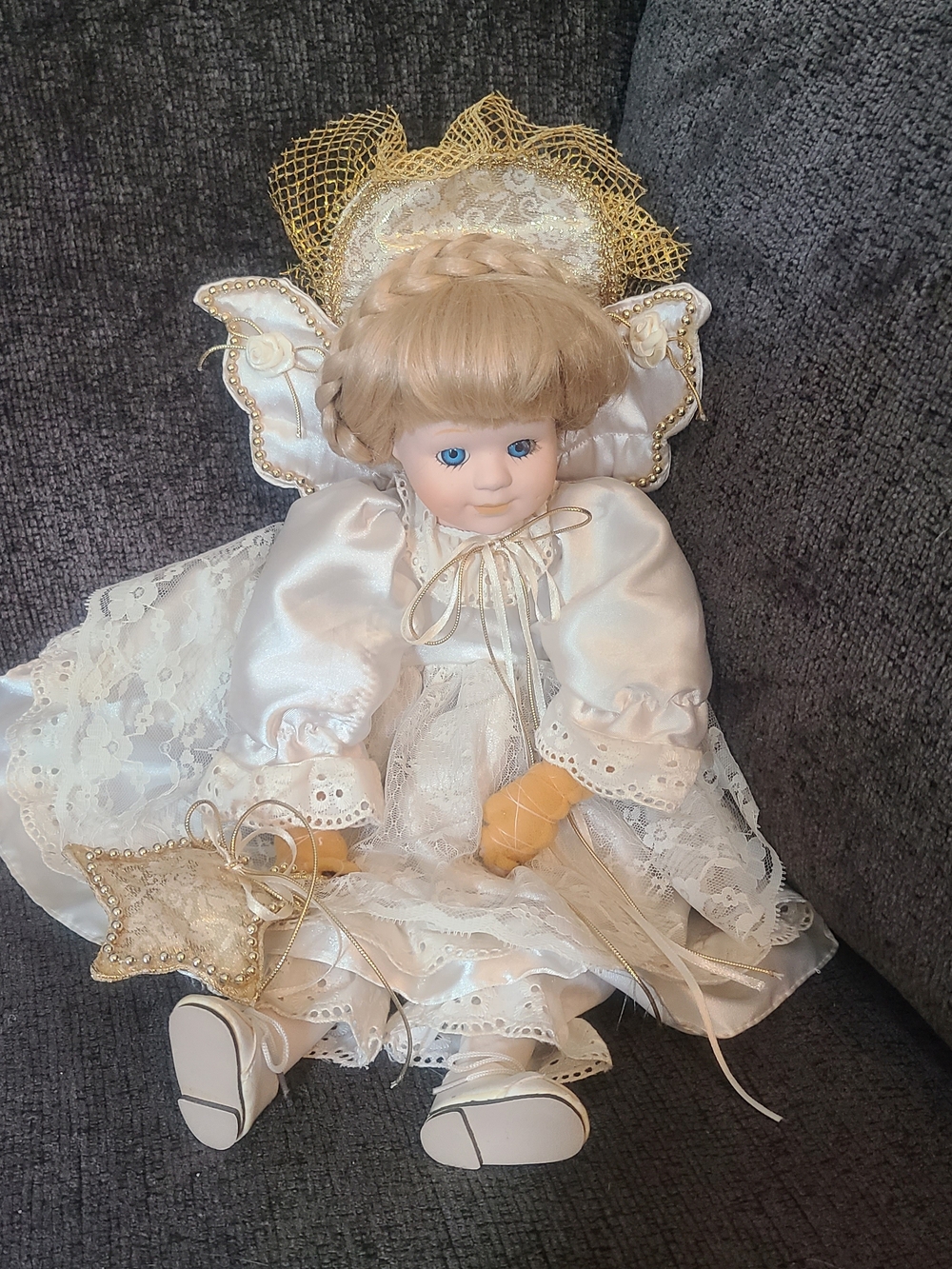 Porcelain Angel Figurine in White and Gold Lace